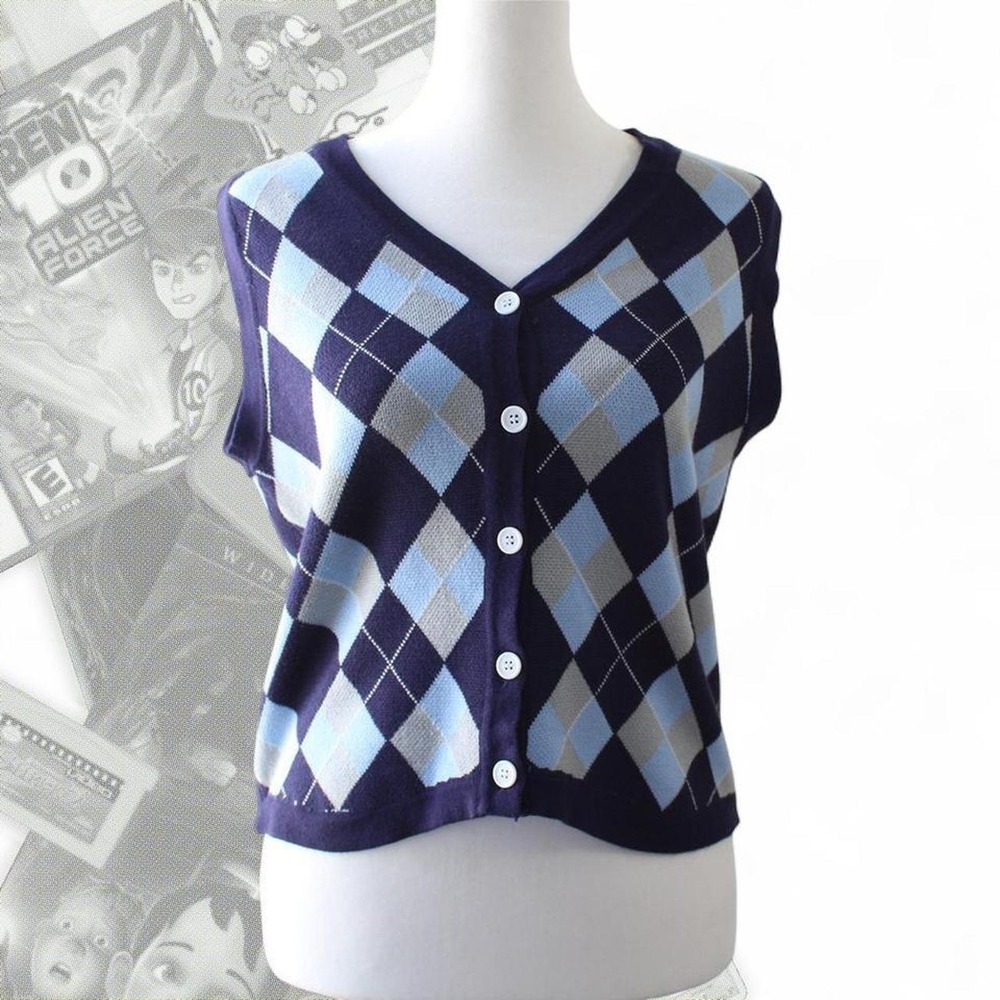 Belle Poque Vintage Blue Argyle Plaid Knit Sweater Button Up Vest Medium